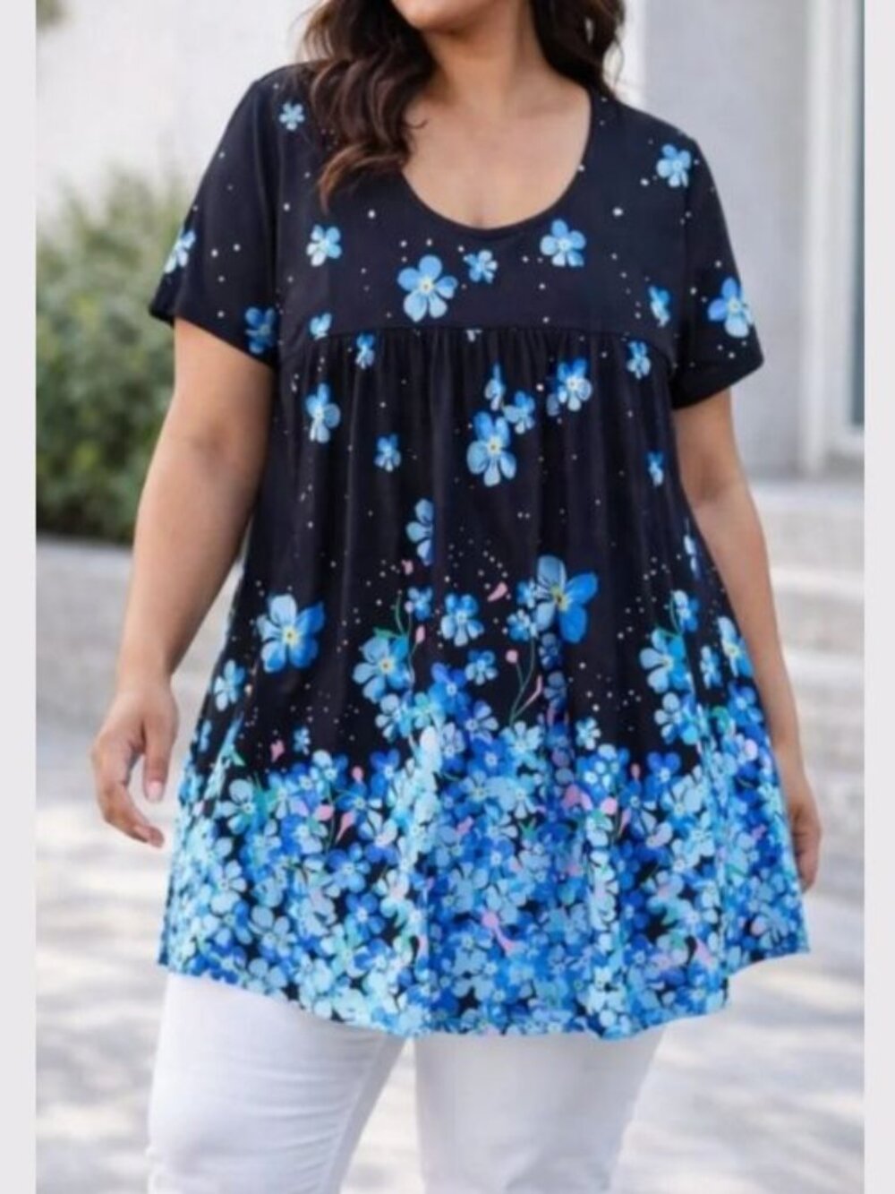 Blue Floral Stretch Tunic Top Blouse L Whimsigoth Dark Cottagecore Boho Feminine